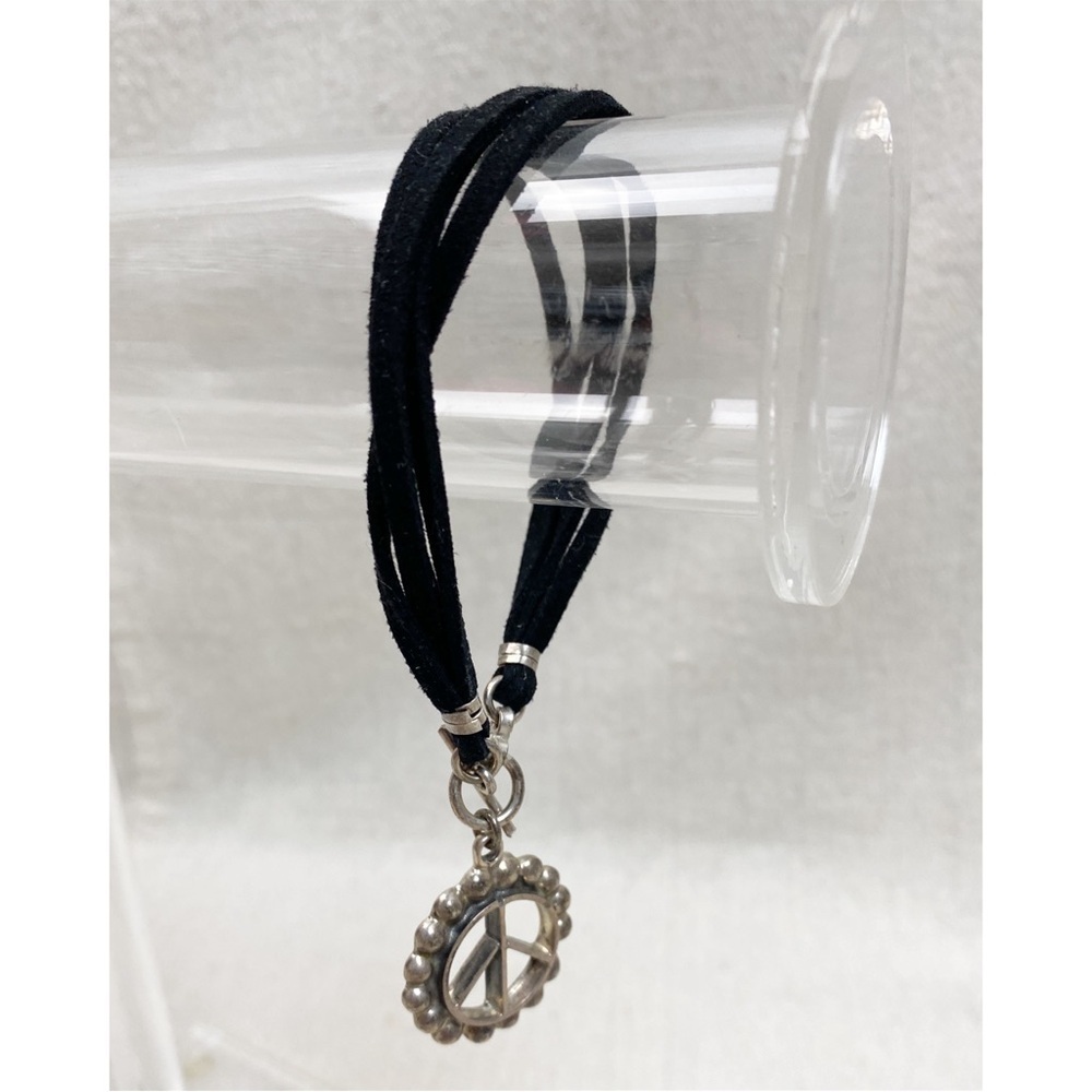 Sterling Silver Peace Sign Black faux leather bracelet